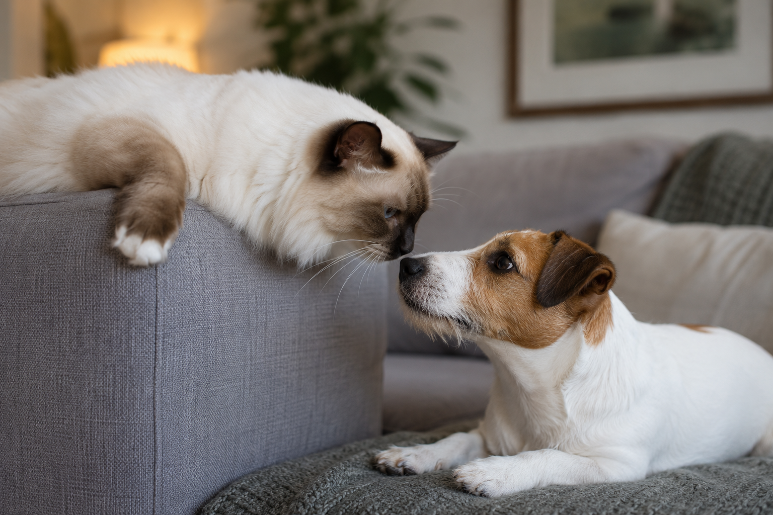 A cat and a dog sniffing each other