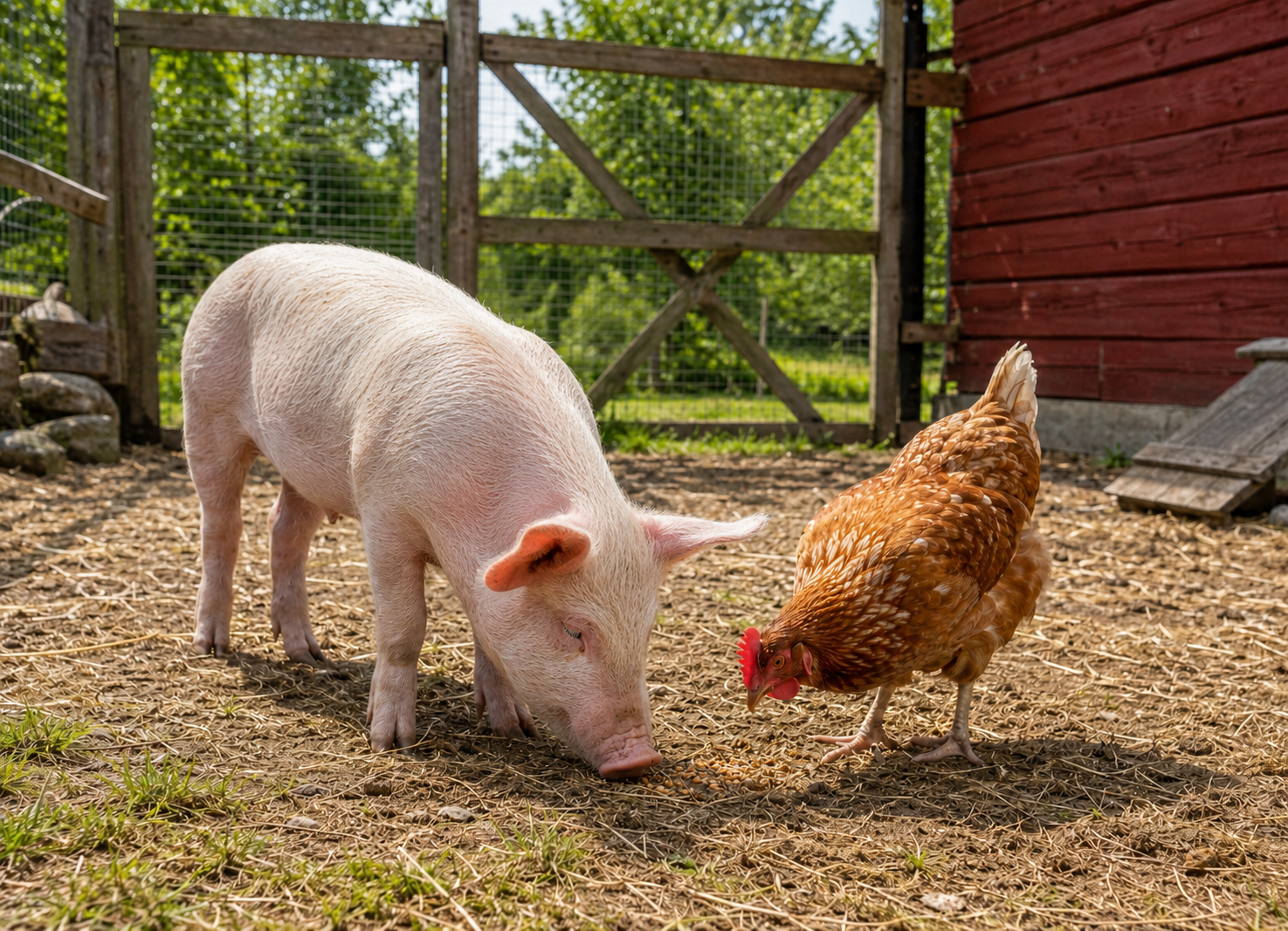 A pig and a hen eating in an enclosure