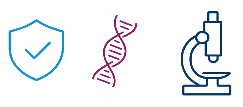 Illustrationer fem punkter transp Ikoner som visar ett veriferingsmärke, en DNA-molekyl oc ett mikroskop