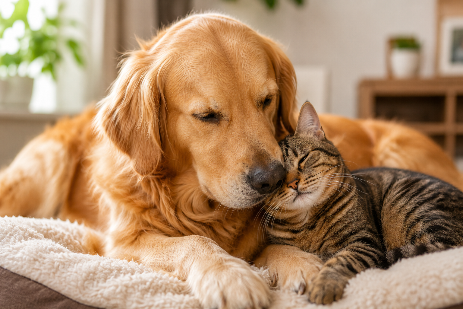 A dog and a cat cuddling on a sofa