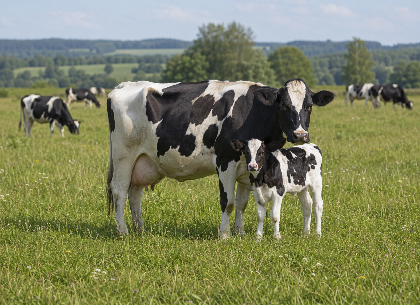 A cow with a calf in a meadow