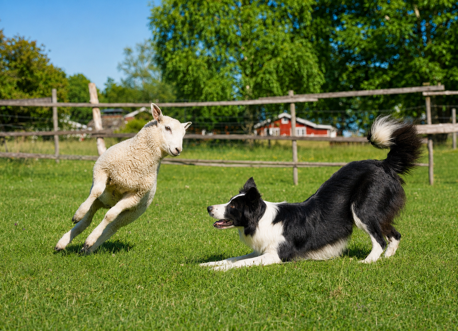 A sheep and a Border Collie in a paddock