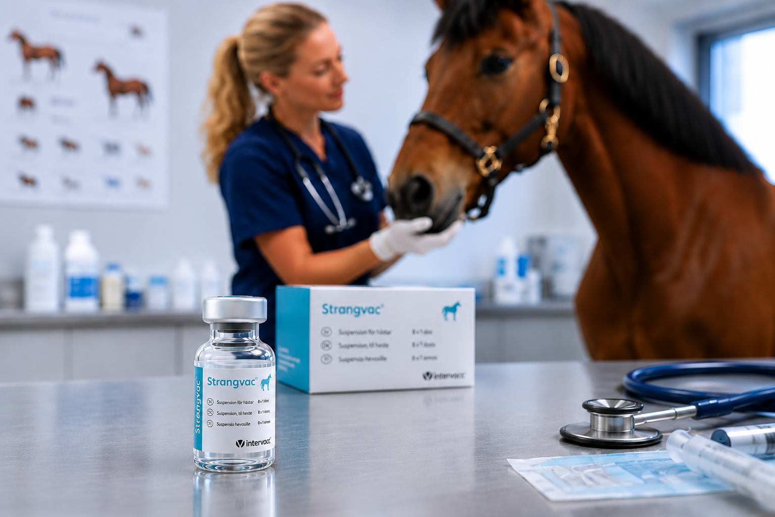 A woman stands with a horse in a clinic; on the table in front of them is a box and a bottle of Strangvac®.
