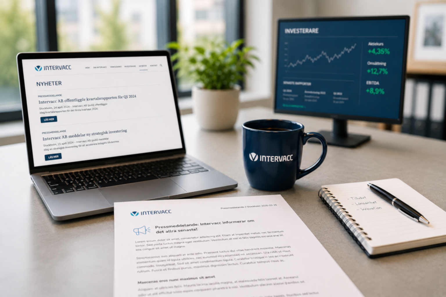 Image for Press Releases A computer displaying information from Intervacc, next to a cup of coffee and a printed press release